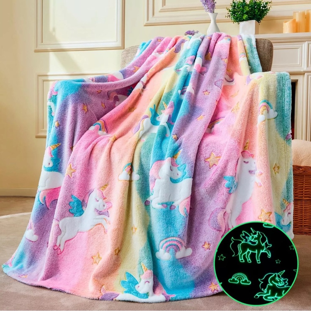 Colorful Unicorn Glow In The Dark Fleece Blanket